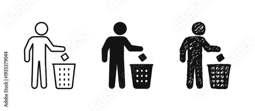 Person disposing of trash icon set. Recycle, waste, or garbage symbol in outline, solid, and hand-drawn styles.