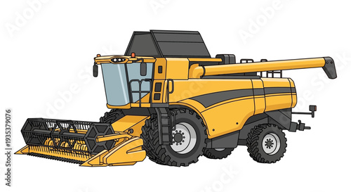 Yellow combine harvester machine for harvesting crops, isolated on white background