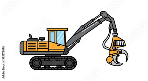 Yellow logging excavator with grapple on white background