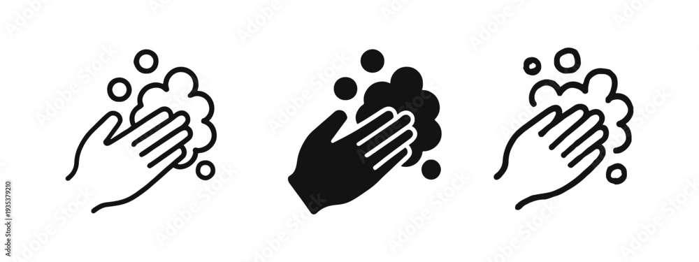 Fototapeta premium Hands washing with soap icon set. Symbol for hygiene, cleanliness, germ prevention, and health protection.