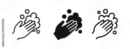 Hands washing with soap icon set. Symbol for hygiene, cleanliness, germ prevention, and health protection.