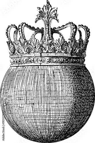 Ornate royal crown above globe on vertical axis - vintage botanical sketch for design