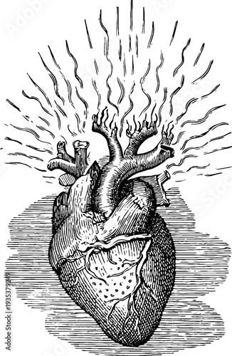 Sacred heart with flames and rays emblem for retro design