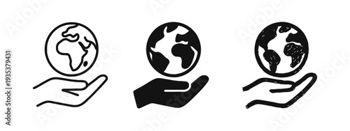 Hand holding Earth globe icons set. Global responsibility and environmental protection symbols.