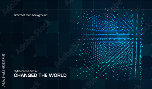 Abstract ai cyber background with 3d cube from dots and circles. Big data digital science and technology design and tech blockchain blue business concept backdrop. Computer network connection pattern.