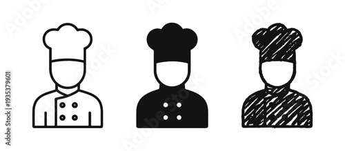 Chef icon set. Cook, restaurant, kitchen, and culinary profession symbol in outline, solid, and doodle style.