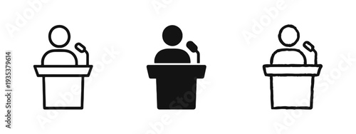 Speaker at a podium icon set. Public speaking, presentation, conference, and lecture symbol in outline, solid, and doodle style.