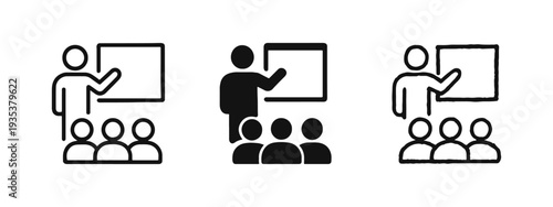 Teacher or presenter with students icon set. Education, classroom, learning, and seminar symbol in outline, solid, and doodle style.