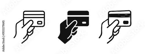 Hand holding a credit card icon set. Payment, transaction, shopping, and finance symbol in outline, solid, and doodle style.