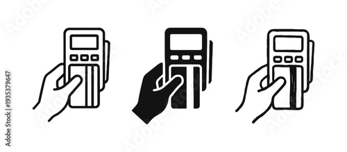 Hand swiping credit card through POS terminal icon set. Payment, retail, transaction, and business symbol in outline, solid, and doodle style.
