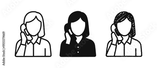 Female customer service representative or person talking on phone icon set, in different graphic styles.