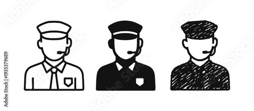 Male security guard or customer service agent with headset icon set, in outline, filled, and sketchy styles.