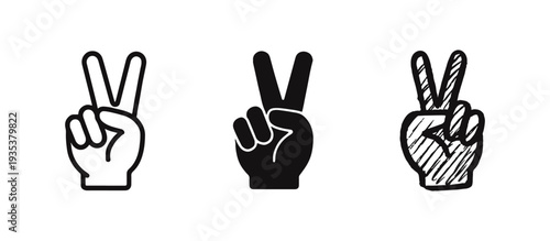 Hand showing peace or victory sign icon set. V-sign gesture and success symbol in outline, solid, and doodle styles.