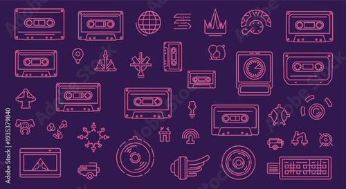 Retro technology and music icons collection seamless pattern on dark background for design and branding