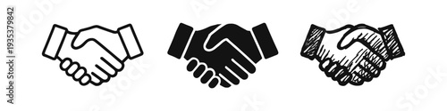 Handshake icon set in outline, solid, and doodle styles, symbolizing agreement or partnership