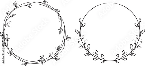 Artistic hand drawn circular floral frames with delicate leaves and swirling vines perfect for elegant wedding invitations rustic signage and organic product branding showcasing natural beauty