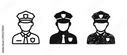 Police officer avatar icon set in outline, solid, and doodle styles, depicting law enforcement