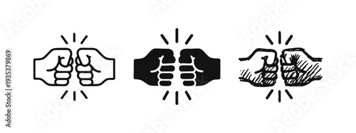 Fist bump icon set in outline, solid, and doodle styles, representing teamwork and success