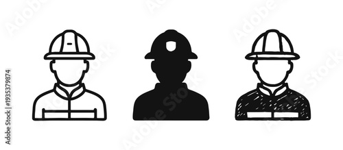 Firefighter avatar icon set in outline, solid, and doodle styles, for emergency services