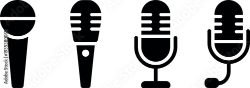 Black microphone icons for audio, broadcast, and communication, conveying professional clarity with a clean vector style on white.