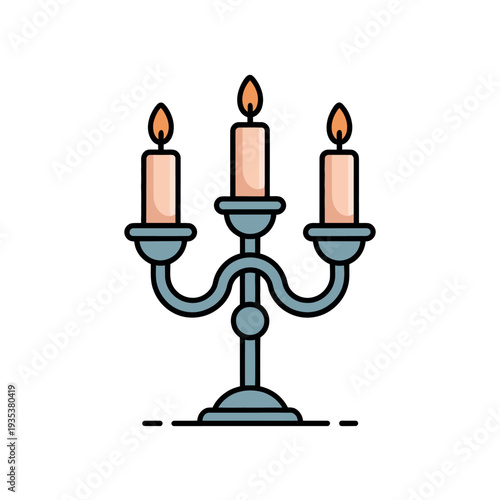 Ornate metal candelabra holds three lit tapered candles casting soft warm light against white.