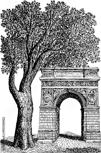 Triumphal arch with botanical theme in vintage engraving style - 19th century design for historical prints