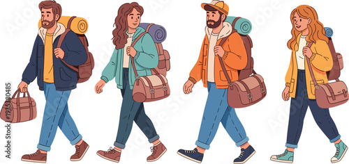 Group of Young Backpackers Walking with Travel Bags and Camping Gear Cartoon Vector Illustration of Adventure Tourism and Outdoor Hiking Lifestyle