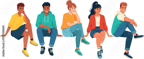 Group of Young People Sitting in Casual Poses Cartoon Vector Character Set of Diverse Teenagers Relaxing and Socializing