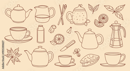 Collection of Tea Related Items and Utensils Hand Drawn Sketch Style on Beige Background