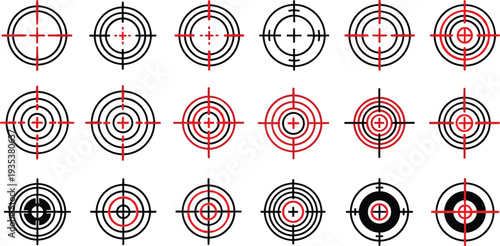 Target Crosshair and Aim Reticle Icon Set Featuring Red and Black Bullseye Marks for Shooting, Focus and Accuracy Concepts