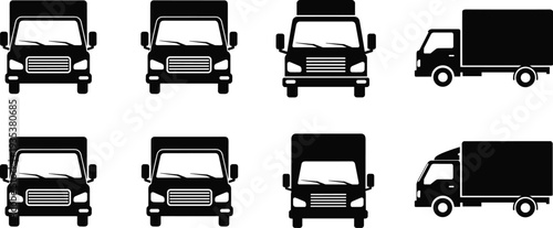 Delivery truck silhouettes set, cargo transport vans front and side view, logistics shipping vehicles icons, commercial delivery service vector illustration