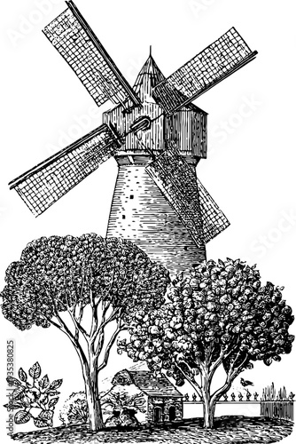 Vintage 19th century windmill engraving with botanical details for retro design