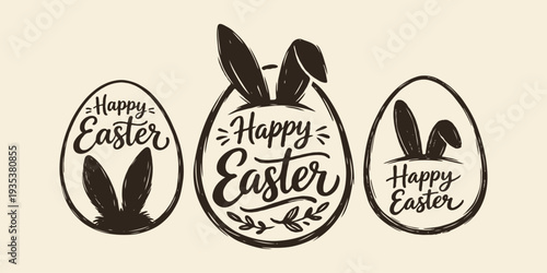 Three decorated Easter egg designs with bunny ears and hand-drawn calligraphy on a light beige background, symbolizing Easter celebration