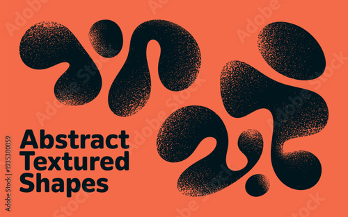 Vibrant orange background displaying dynamic, dark, textured organic shapes with a grainy stipple effect, creating a modern and playful abstract design.