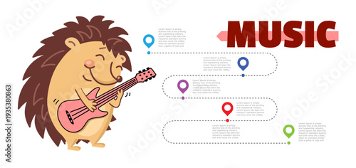 A brown hedgehog plays music on a guitar. Audio recording of the concert. there is text in the circle.  Installation.  Vector illustration.