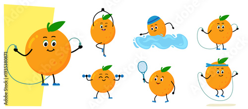 Cute orange character. sport - Skipping rope, swimming. Barbell, Dumbbells, Tennis. concept of a healthy lifestyle and sports. Vector illustration in flat style. 