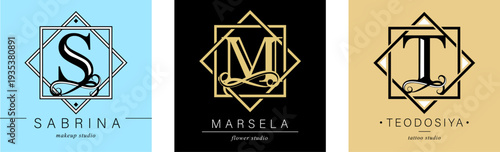 Logo S, M, capital letter T. Monogram of Botanical in two squares. with Organic Plant Elements. Vector design.