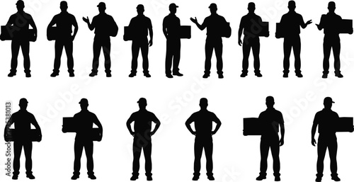 Delivery worker silhouettes set, courier holding boxes, package delivery staff collection, logistics service workers, shipping employees, isolated black vector illustration