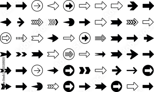 Diverse black and white arrow icons for clear direction, navigation, and progression in UI, clean, modern, functional design on white.