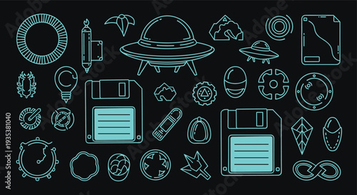 Retro futuristic science fiction icons and symbols collection for digital design and creative projects