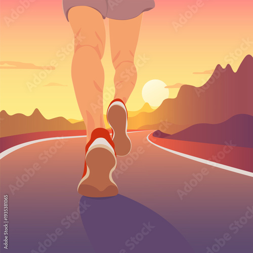 Runner at Sunrise on Winding Road, Inspirational Fitness and Success Journey Vector Illustration