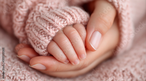 Tender moments of mother and baby hands in soft pink sweater  