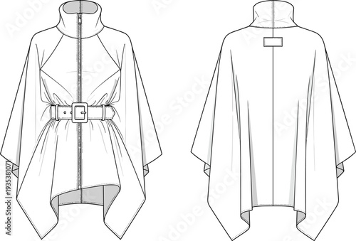 Fashion technical sketch of a women’s zip-up belted cape featuring a high funnel neck, handkerchief hemline, and waist cinching belt.