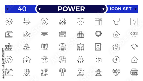 Power outline icon. Electricity icons set. Set of green energy thin line icons. Power related icon set. Icons for renewable energy, green technology.