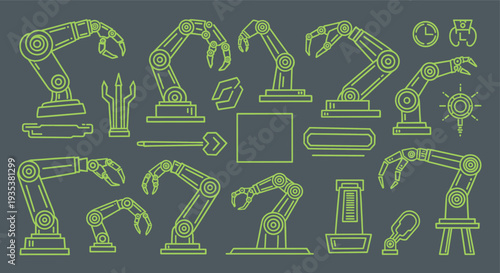 Collection of industrial robotic arms and automation elements in a schematic neon green outline on a dark background