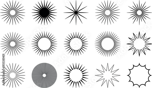 Dynamic black sunbursts and starbursts radiating energy and emphasis, isolated on bright white background for design.