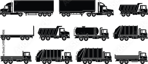 Heavy duty truck silhouettes collection, cargo transport vehicles set, dump tanker garbage trucks, logistics transportation fleet icons, isolated black vector illustration