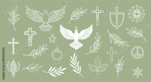 Collection of religious symbols and elements including doves olive branches crosses and peace symbols on a muted green background