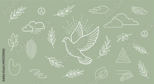 Peaceful dove flying with olive branches and symbols of peace on a muted green background, representing hope and tranquility