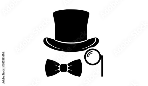 Minimal black gentleman icon top hat bow tie monocle vector